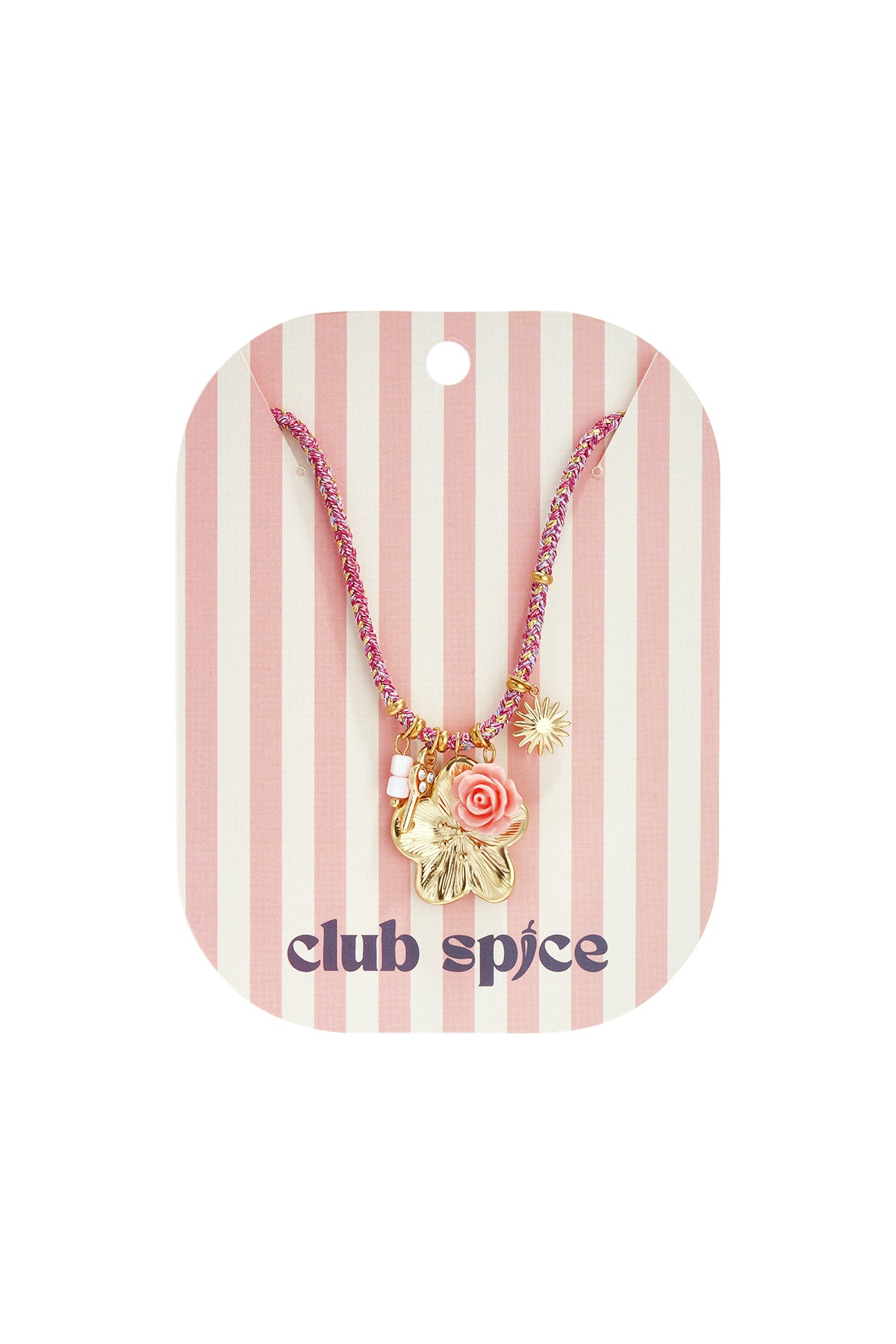 Colorful cord necklace with varying pendants pink